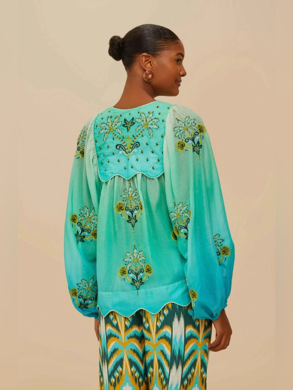 FARM RIO Brazilian Tropical Turquoise Palm Tree Tapestry Yoke Blouse - Picture 2 of 8